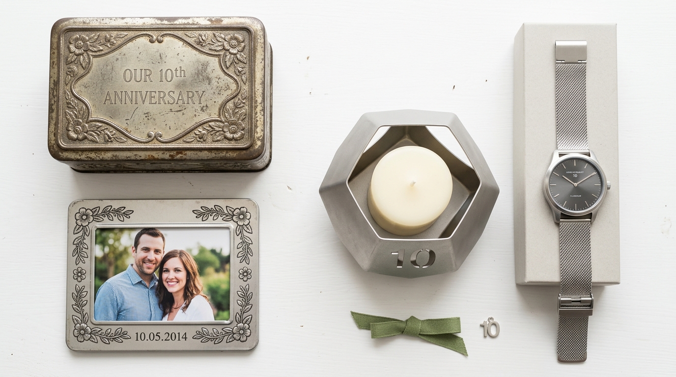 Tenth anniversary tin and aluminium gifts — vintage tin keepsake box, photo frame, candle holder