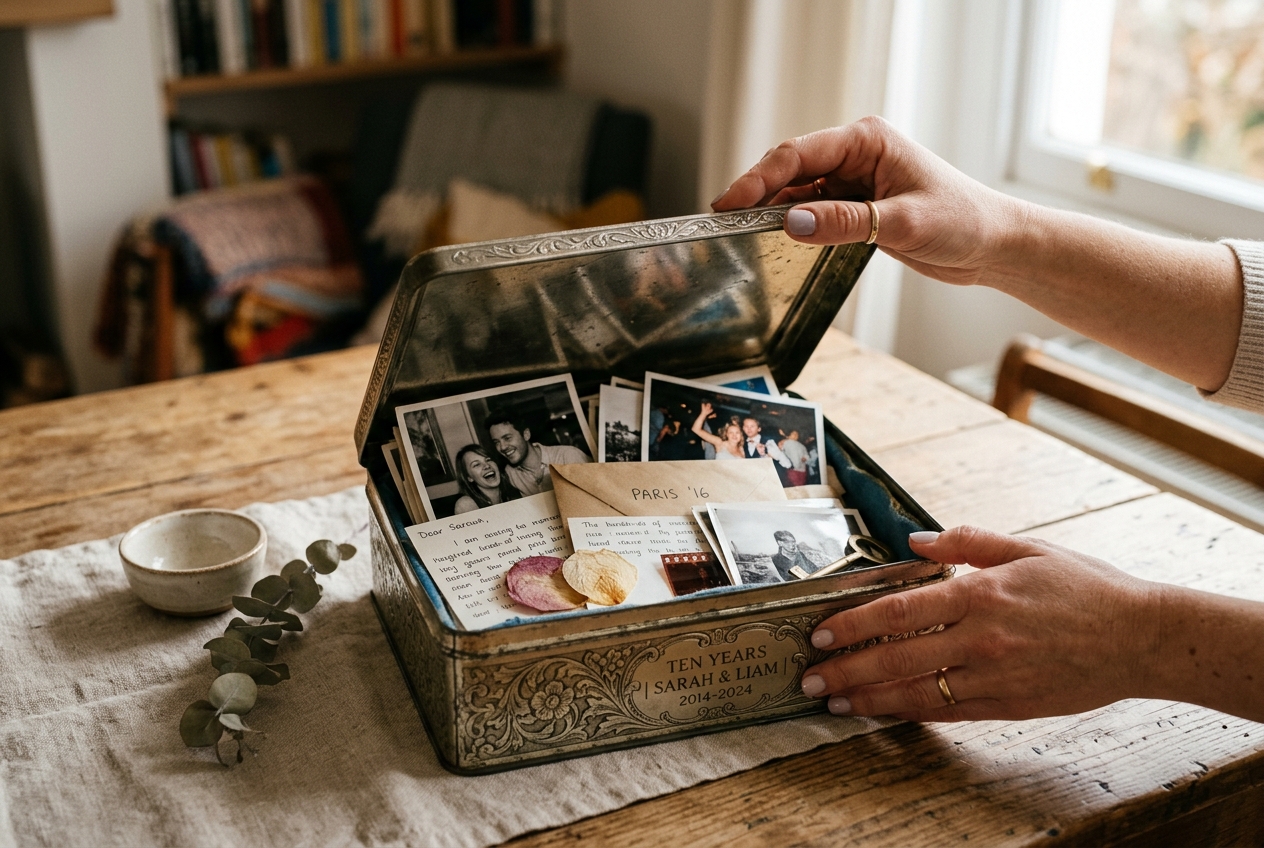 Beautiful engraved tin keepsake box being opened to reveal photographs and small mementos