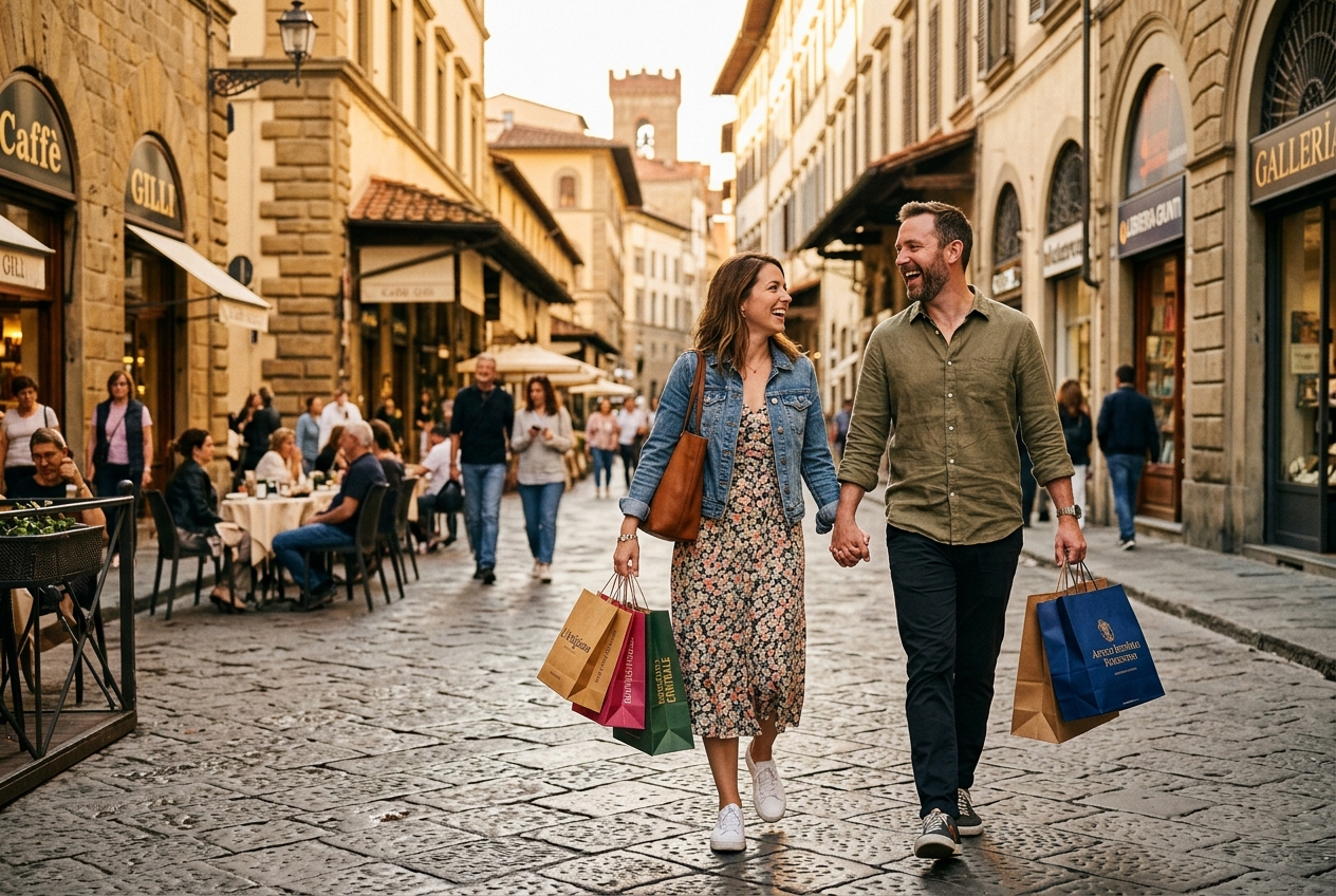 Couple on a 10th anniversary trip in a European city, walking with shopping bags, golden afternoon