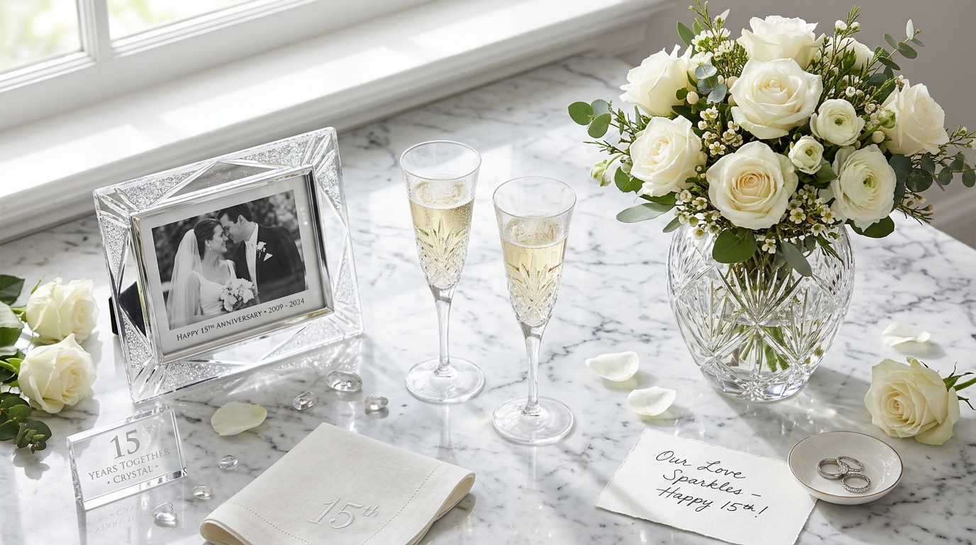Fifteenth anniversary crystal gifts — crystal champagne flutes, vase with white roses, photo frame, marble
