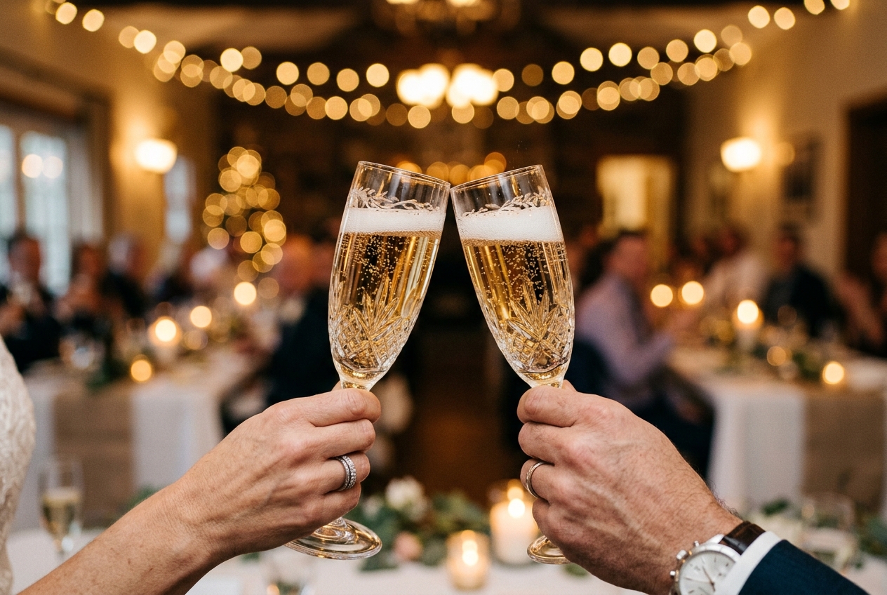 Two crystal champagne flutes being clinked together for a 15th anniversary toast, sparkling bubbles