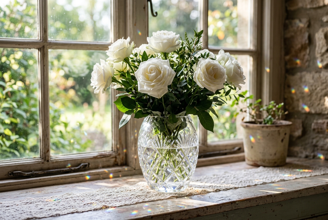 Crystal vase with fresh white roses on a windowsill, refracting rainbows visible, elegant home