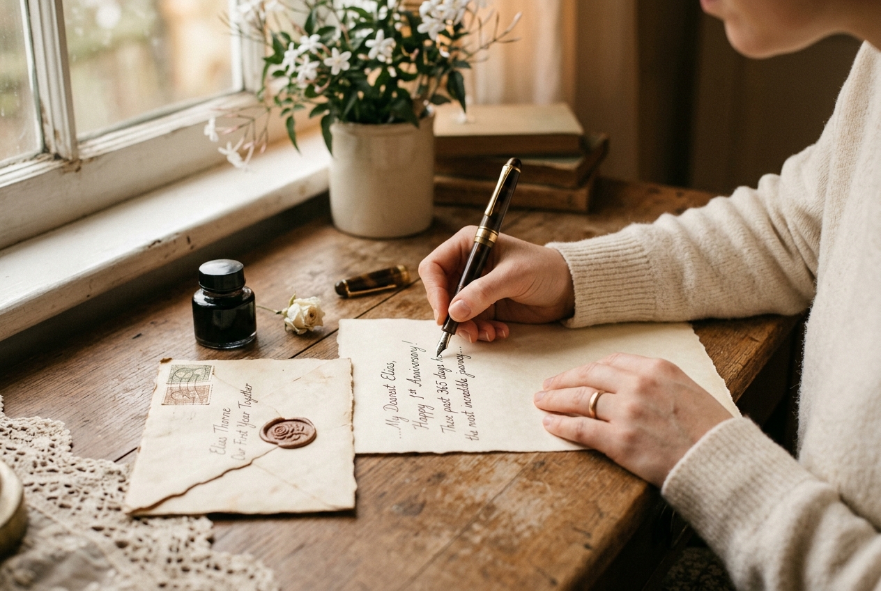 Hands writing a love letter on cream paper for a first anniversary, fountain pen, vintage envelope