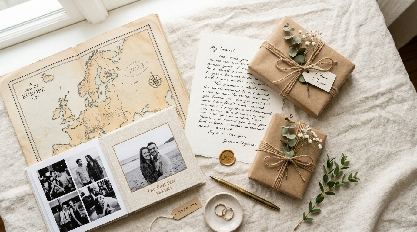 First anniversary paper gift selection — handwritten letter, paper-wrapped present, vintage map, photo book