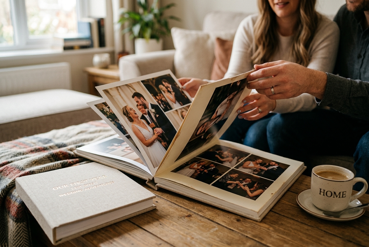 First anniversary photo album opened to wedding photos, hands turning the page, coffee cup nearby