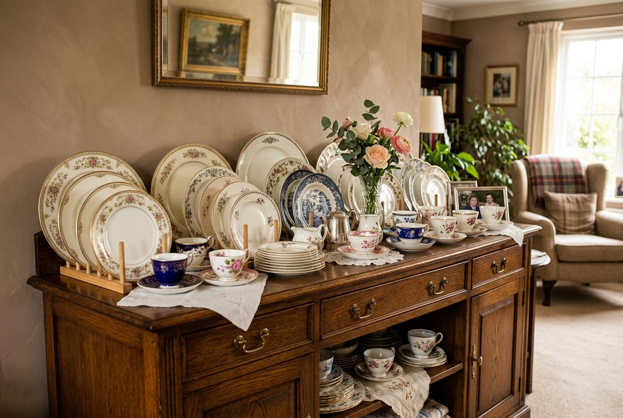 Beautifully displayed fine china collection on a dresser, plates and teacups, warm home interior