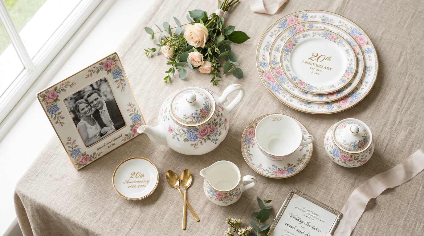 Twentieth anniversary china gifts — fine bone china tea set, china plates, china photo frame on linen