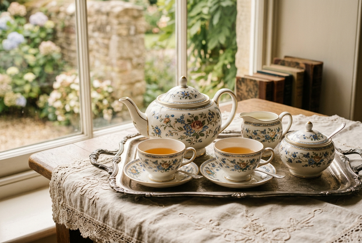 Elegant fine china tea set on a tray, two teacups, teapot, milk jug, sugar bowl, vintage tablecloth