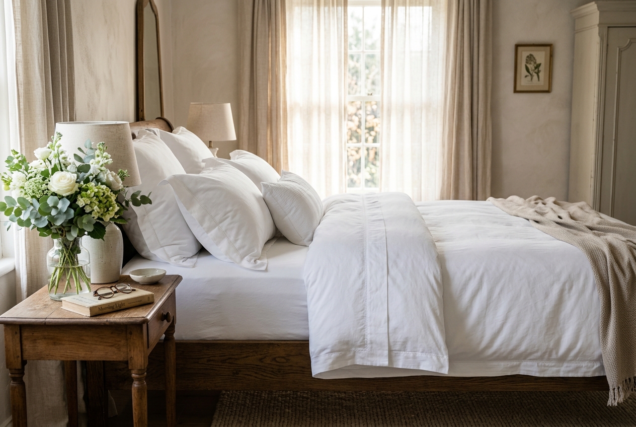 Luxurious crisp white cotton bedding on a beautifully made bed, fresh flowers, soft morning light