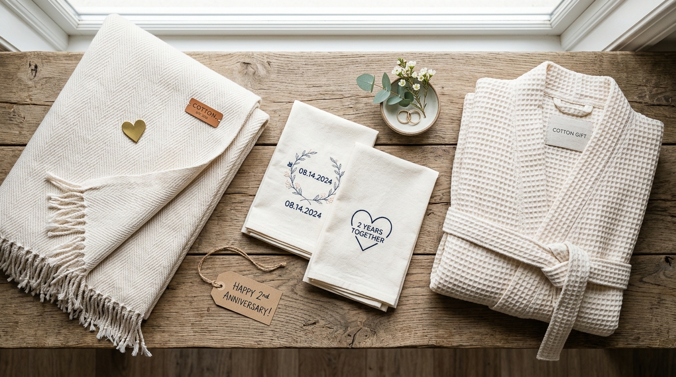 Second anniversary cotton gifts — soft cotton throw, embroidered tea towels, cotton dressing gown on wood