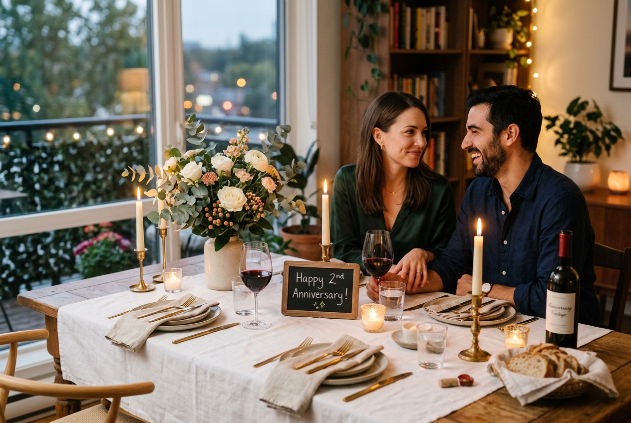 Second anniversary dinner at home, table set with white cotton tablecloth, candles, wine