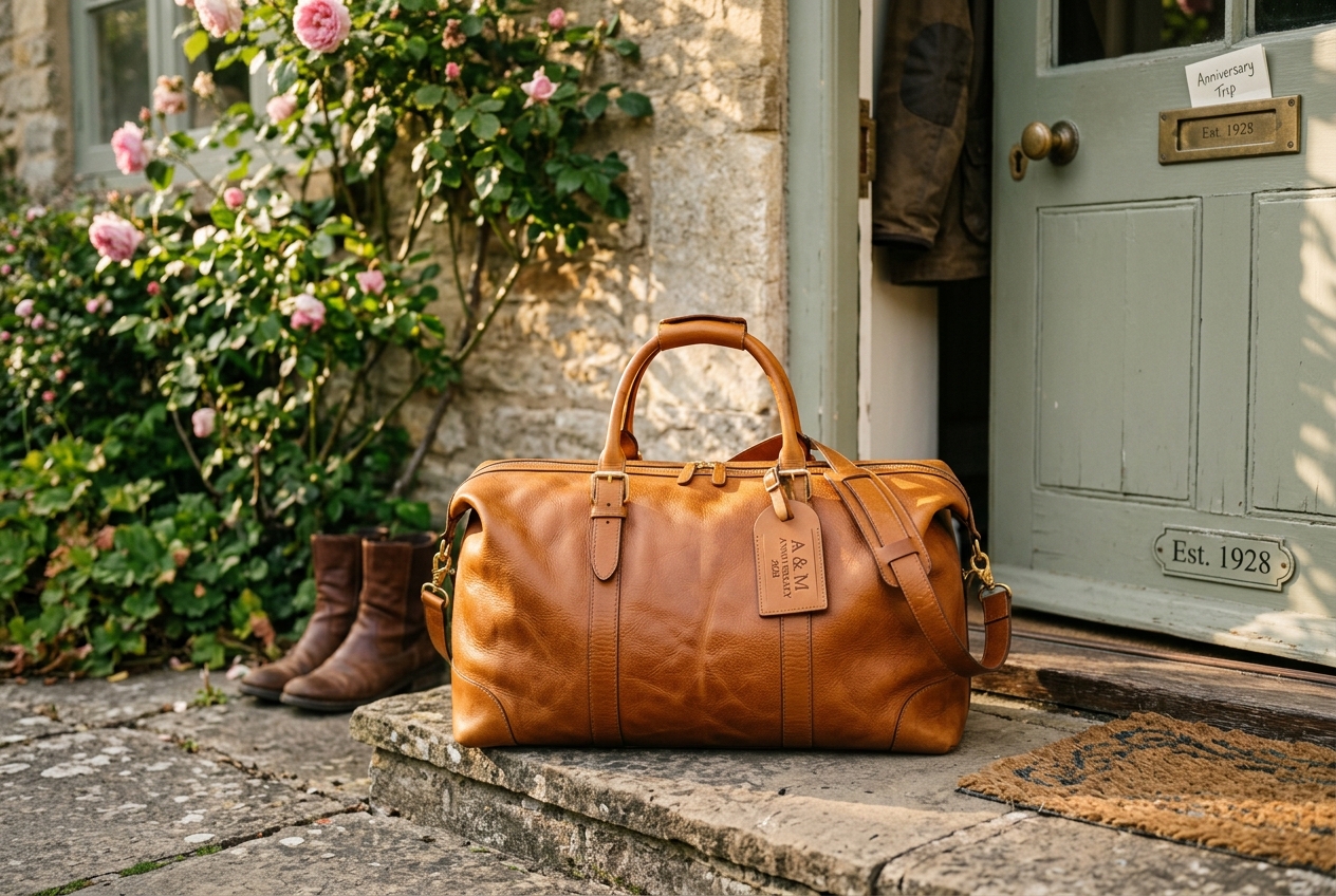Leather weekend bag on a doorstep, ready for anniversary trip, sunlight catching the leather