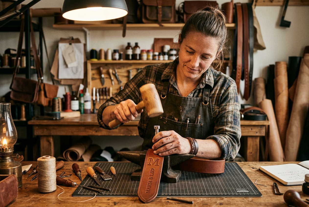 Leather craftsperson working on a personalised leather item, hands tooling leather, workshop setting