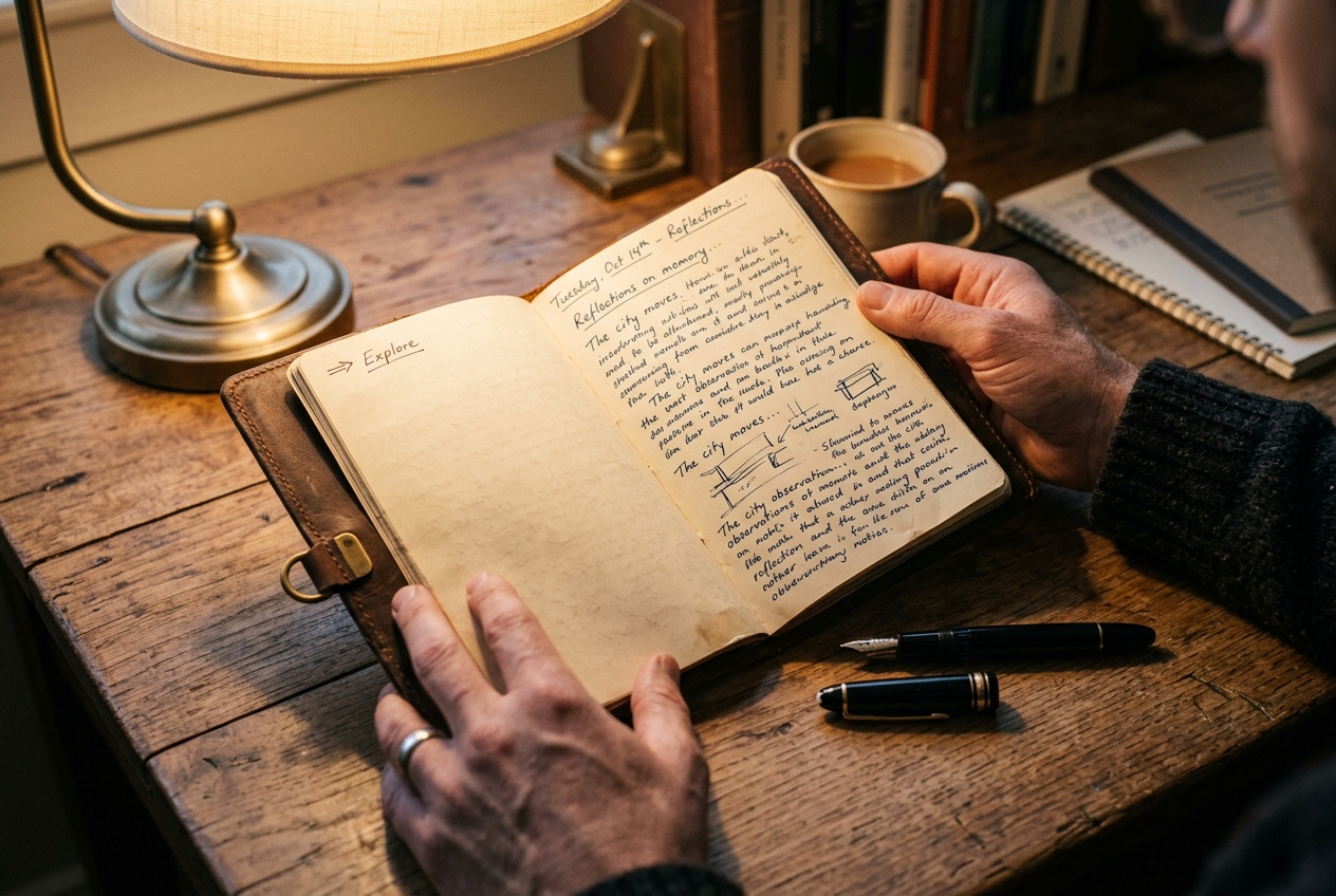 Hands holding open leather journal with handwritten notes, fountain pen, wooden desk, warm lamp