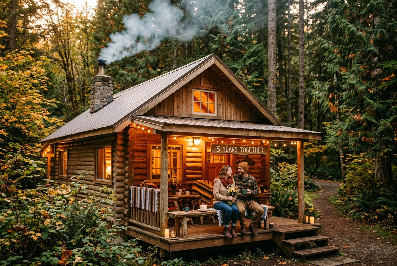 Romantic wooden cabin in a forest for a fifth anniversary getaway, smoke from chimney, evening light