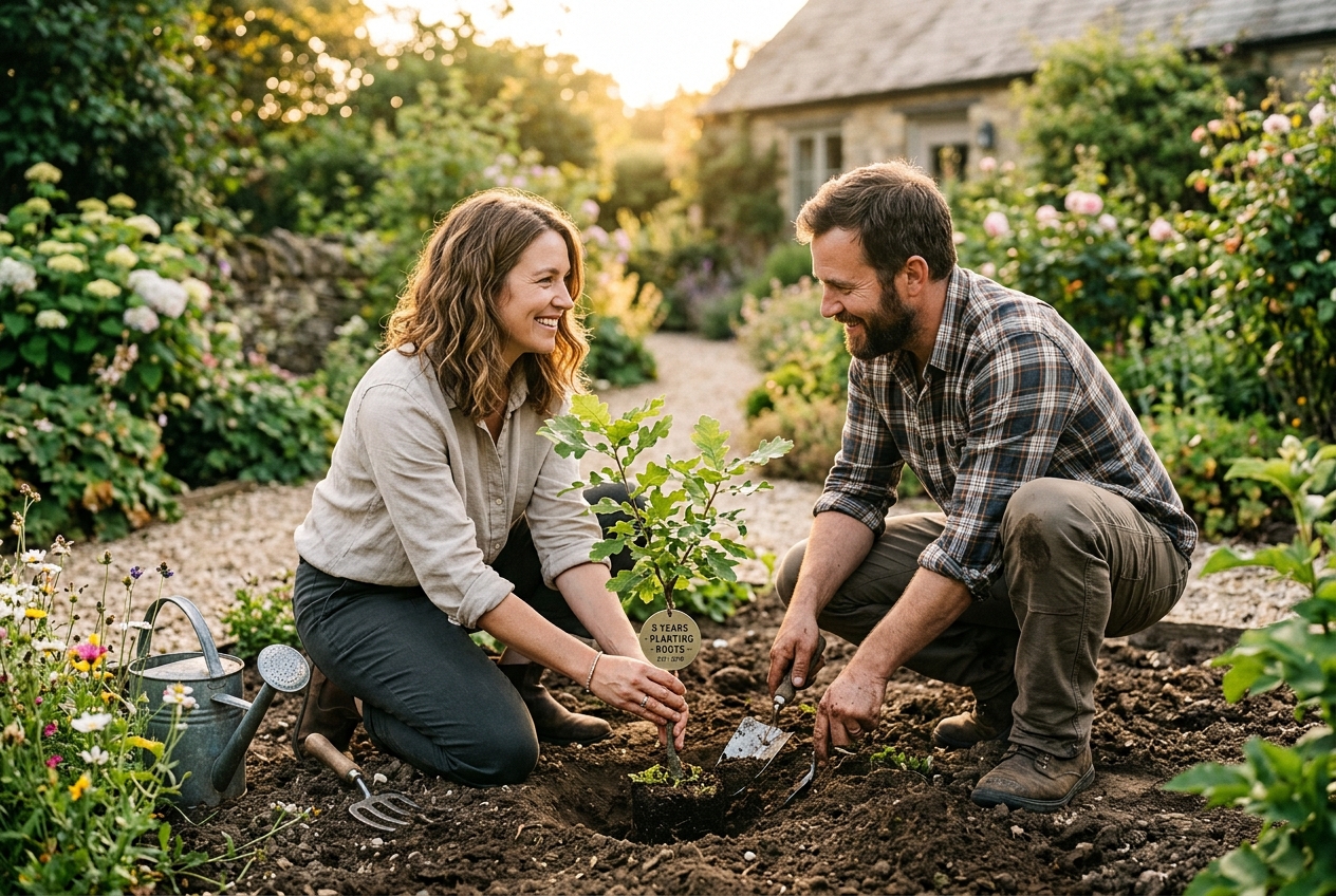 Couple planting a tree together for their fifth wedding anniversary, garden setting, golden light