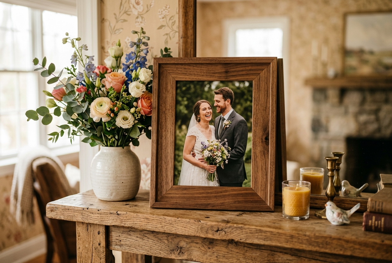 Beautiful wooden picture frame with a wedding photo on a mantelpiece, fresh flowers, warm light