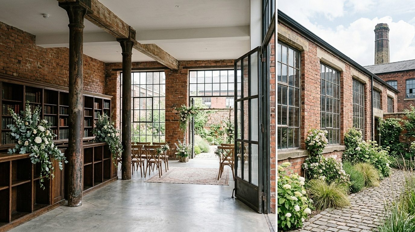 Types of converted spaces for Adaptive-Reuse Wedding Venues UK: Factories & Libraries