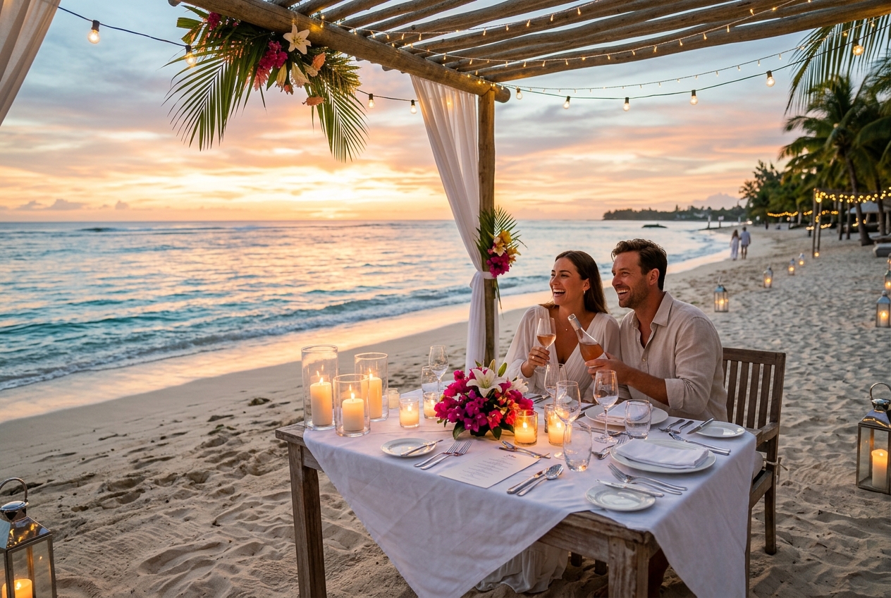 Romantic beachside dinner for two, table on the sand, candles, white linen, ocean, sunset colours