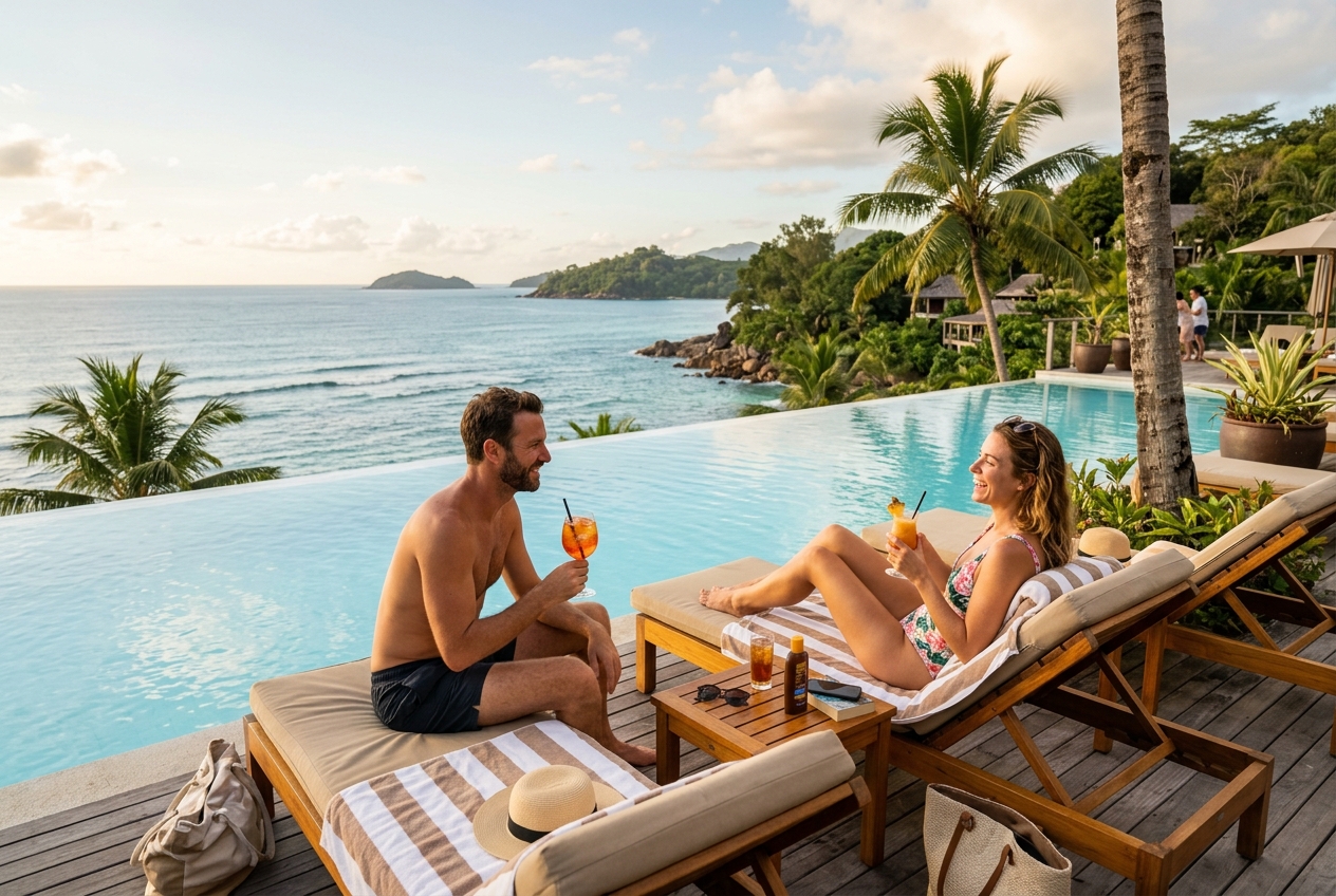 Couple relaxing on sun loungers by a resort infinity pool, cocktails, ocean view, tropical afternoon