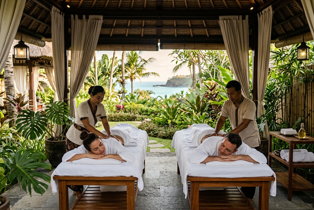 Couple receiving couples spa treatment at a luxury resort, outdoor pavilion, tropical garden views