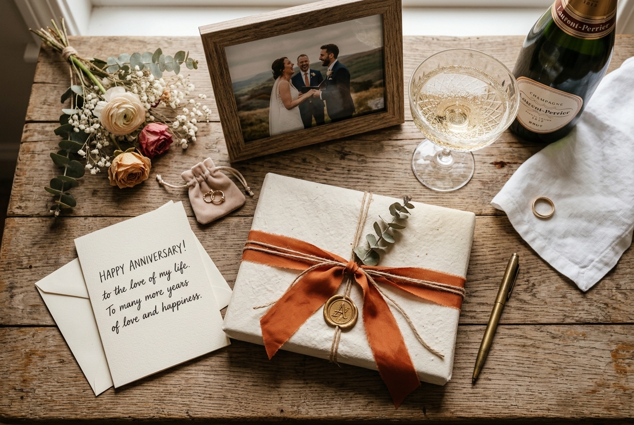 Anniversary gift wrapped with card, framed wedding photo, champagne, wooden surface, warm light