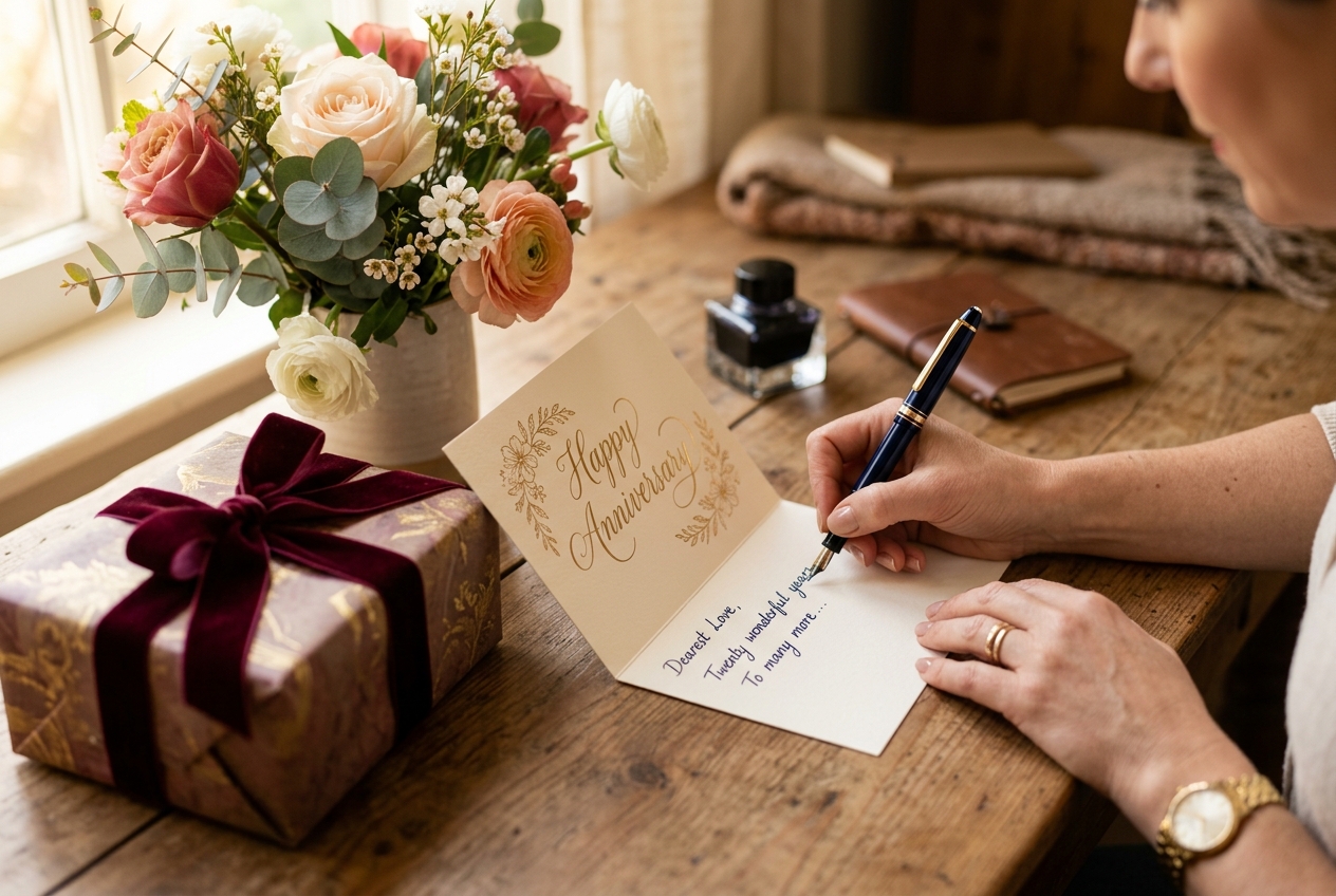 Hands writing in an elegant anniversary card with fountain pen, beside wrapped gift and flowers