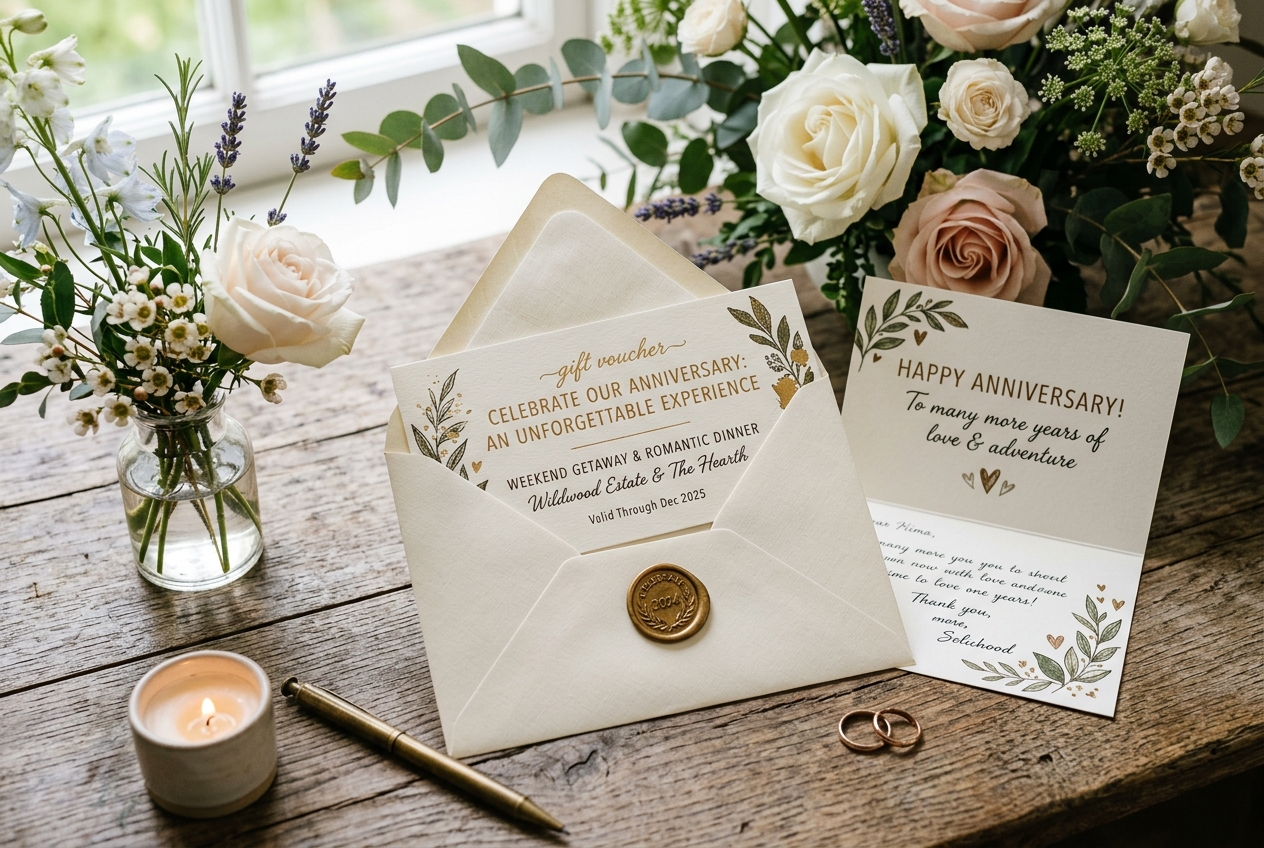 Anniversary experience gift voucher in an envelope with a card, on wooden surface with flowers