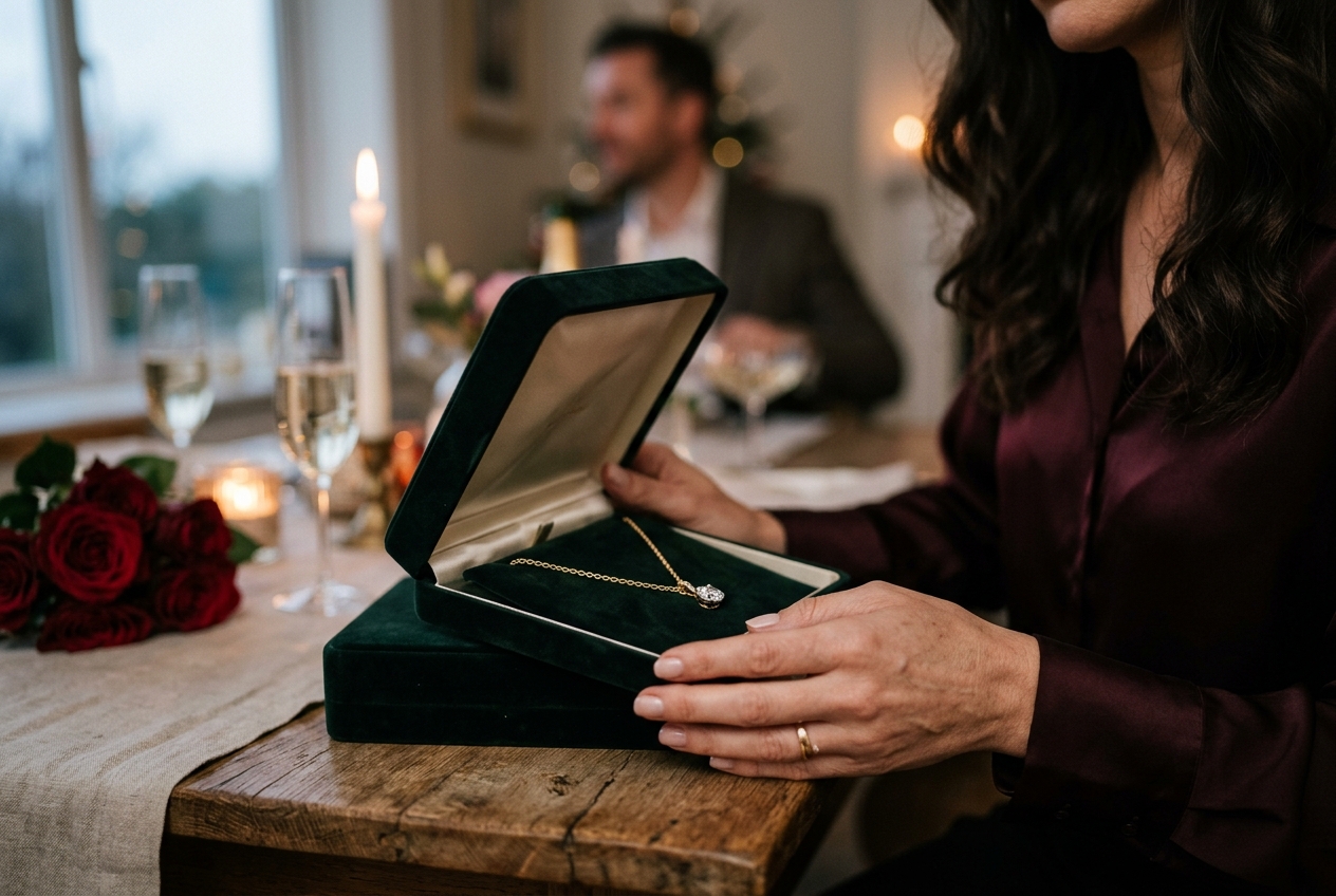 Elegant jewellery gift box being opened to reveal anniversary jewellery, hands holding the box