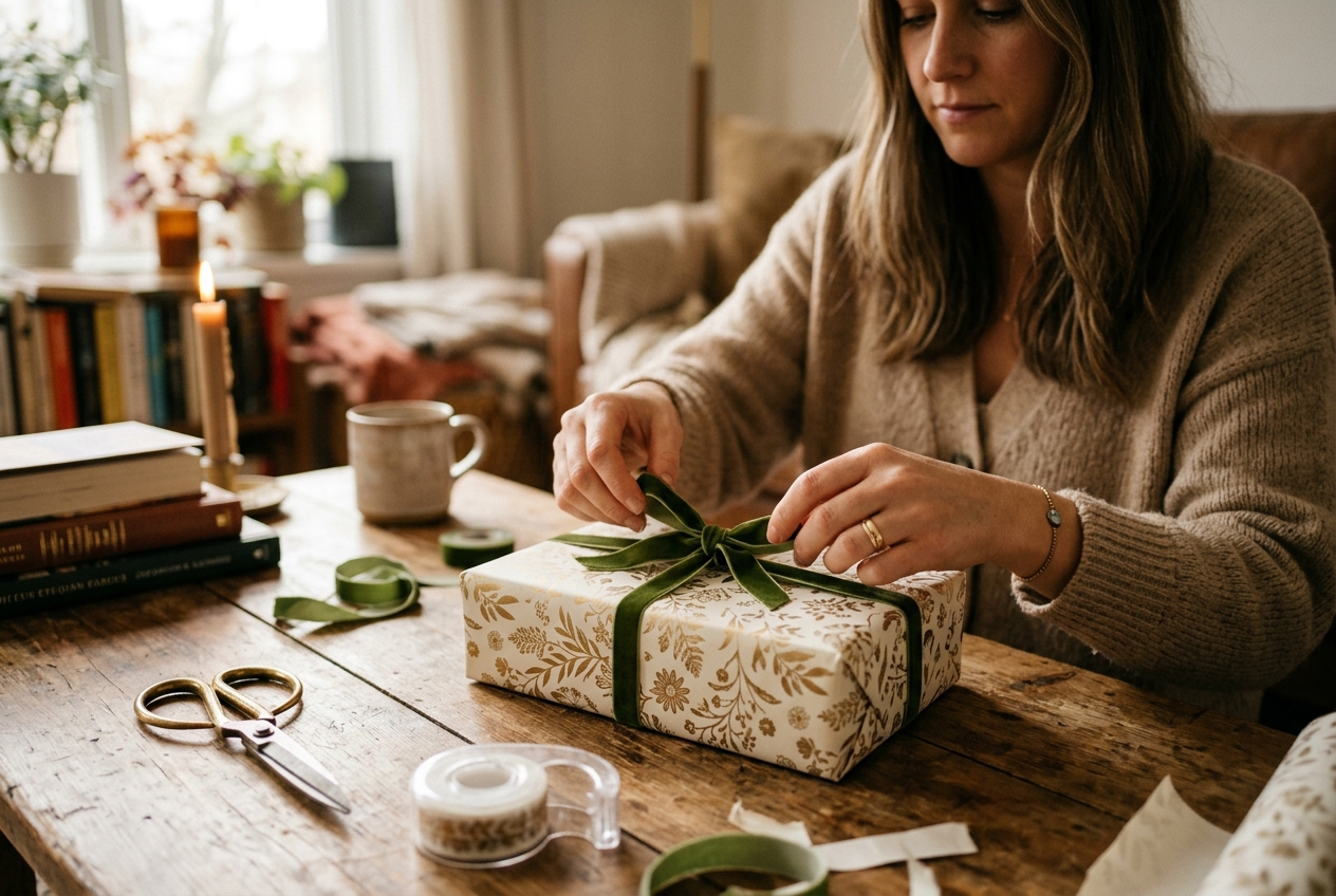 Hands wrapping anniversary gift in beautiful paper with ribbon, scissors and tape, warm home setting