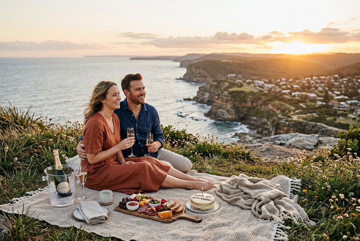 Romantic anniversary picnic at scenic spot, champagne, gourmet food, couple overlooking a view