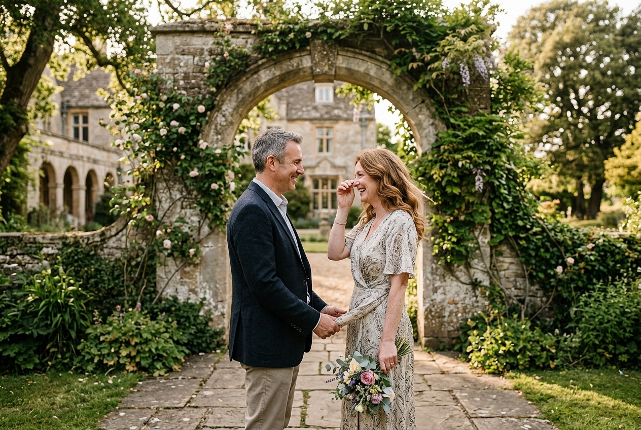 Couple revisiting their wedding venue on anniversary, standing in the same spot, holding hands