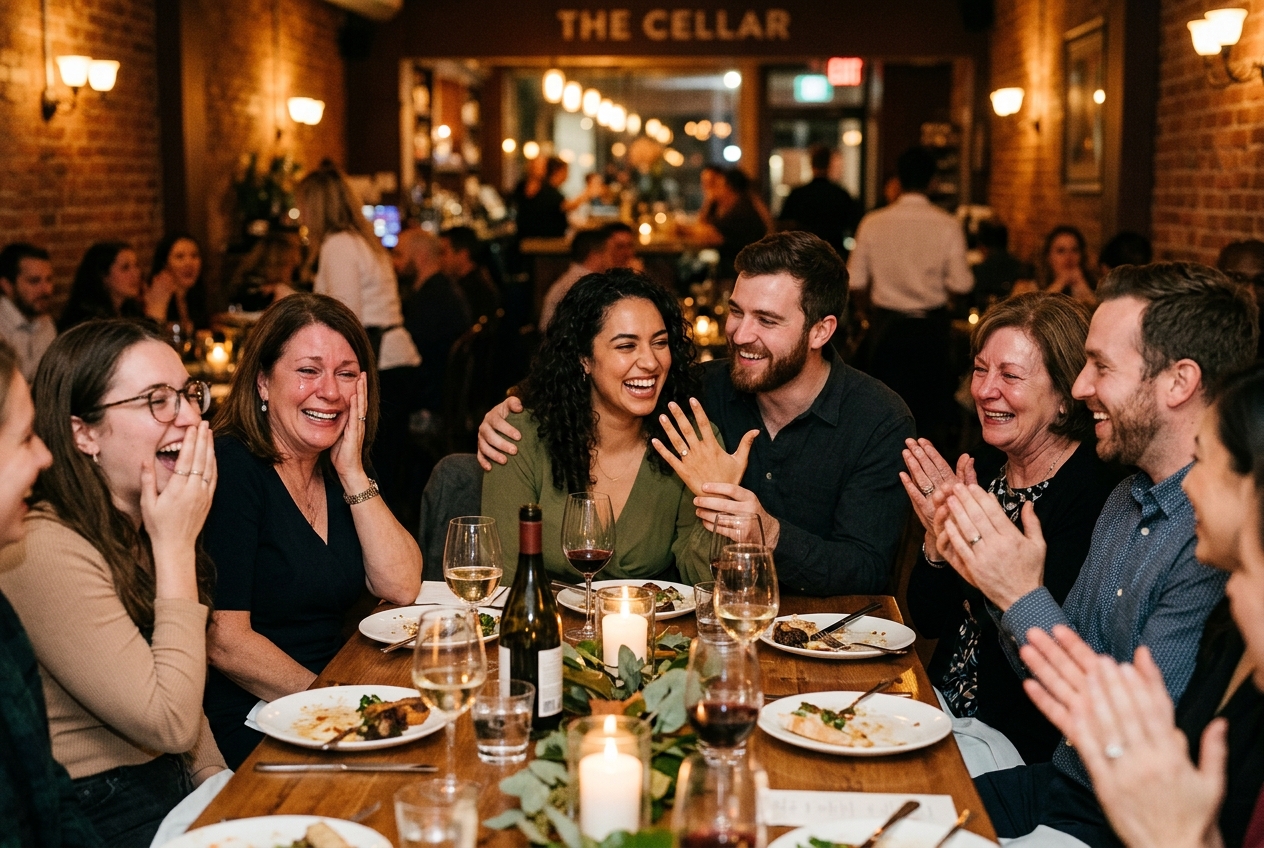 Friends and family reacting to engagement announcement at dinner, couple showing ring, surprise and joy
