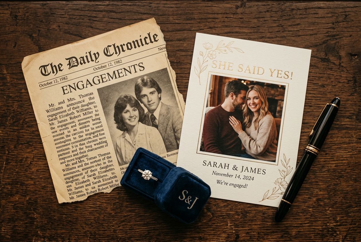 Newspaper engagement announcement clipping beside a modern printed card, ring, and pen