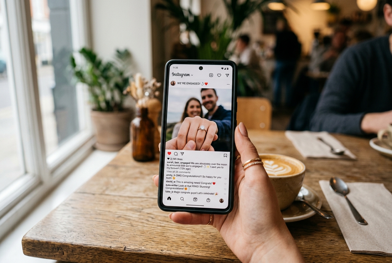 Woman holding smartphone showing an engagement post on Instagram, ring photo, coffee shop table