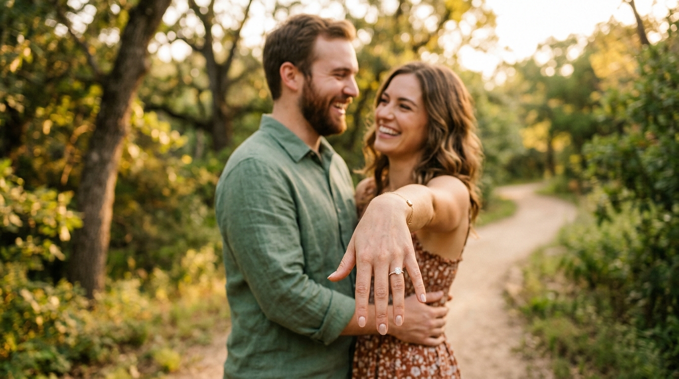 Couple posing for an engagement announcement photo, woman showing ring towards camera, golden hour