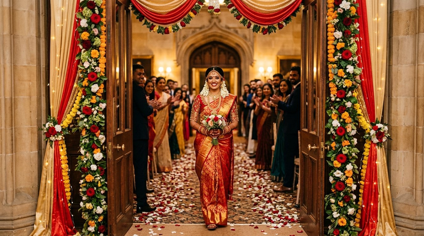 Asian bride making a grand entrance through decorated double doors with fresh flower garlands, dramatic lighting