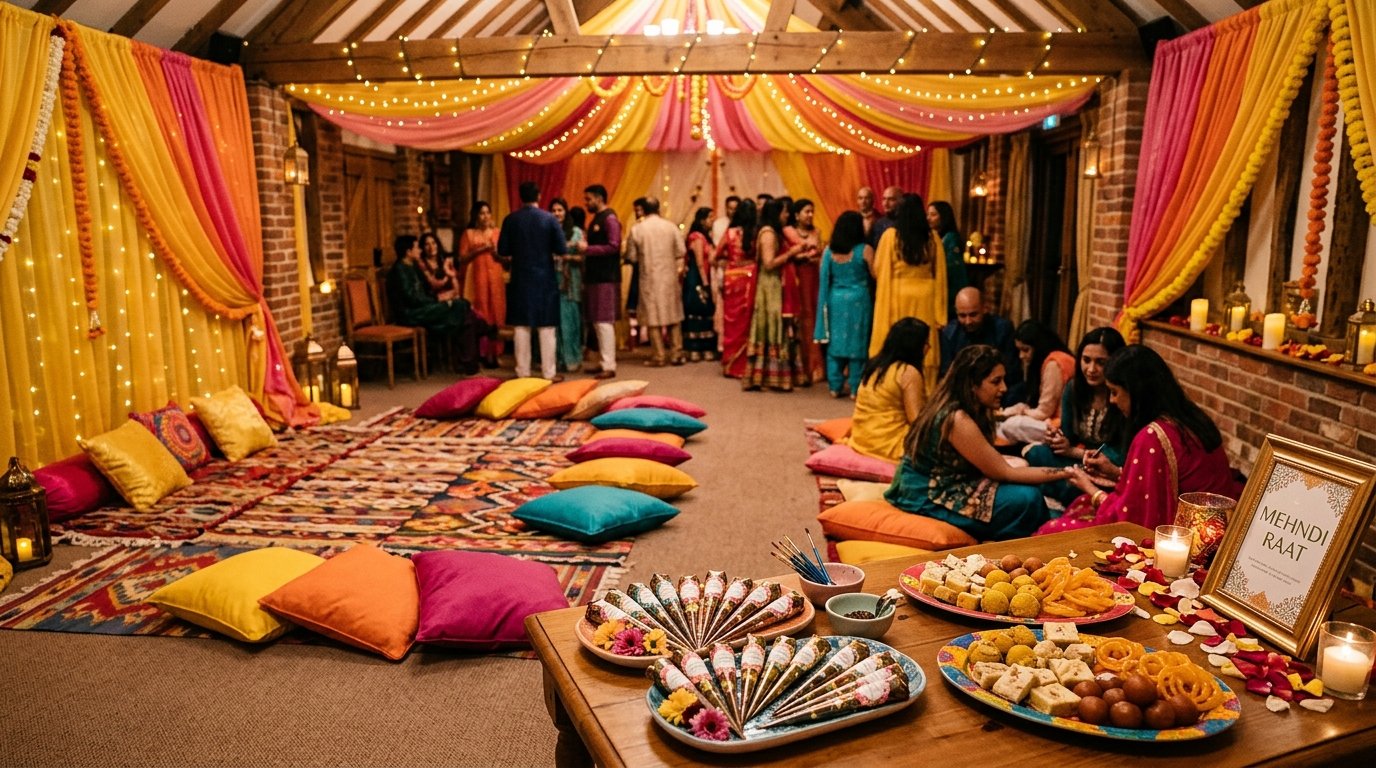 Mehndi night setup with colourful cushions, floor seating, yellow and orange draping, henna trays and Indian sweets