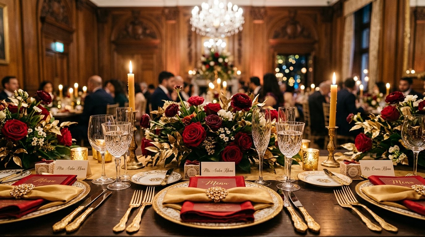 Elaborate Asian wedding table setting with gold charger plates, crystal glassware, and low floral centrepiece