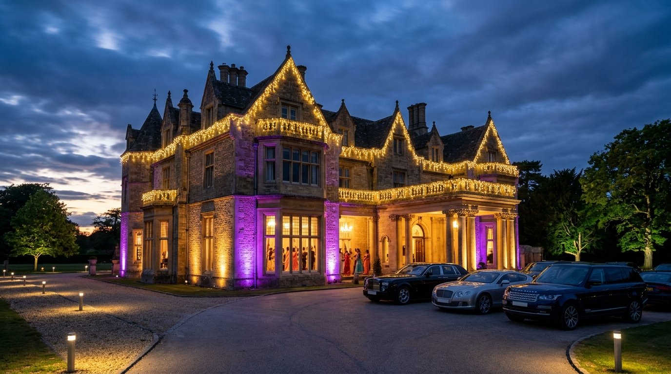 Large UK wedding venue exterior at night with ornate purple and gold uplighting, decorative columns, and parked luxury cars