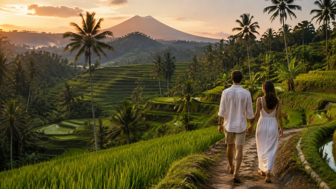 Honeymoon couple walking through rice terraces in Bali at sunset