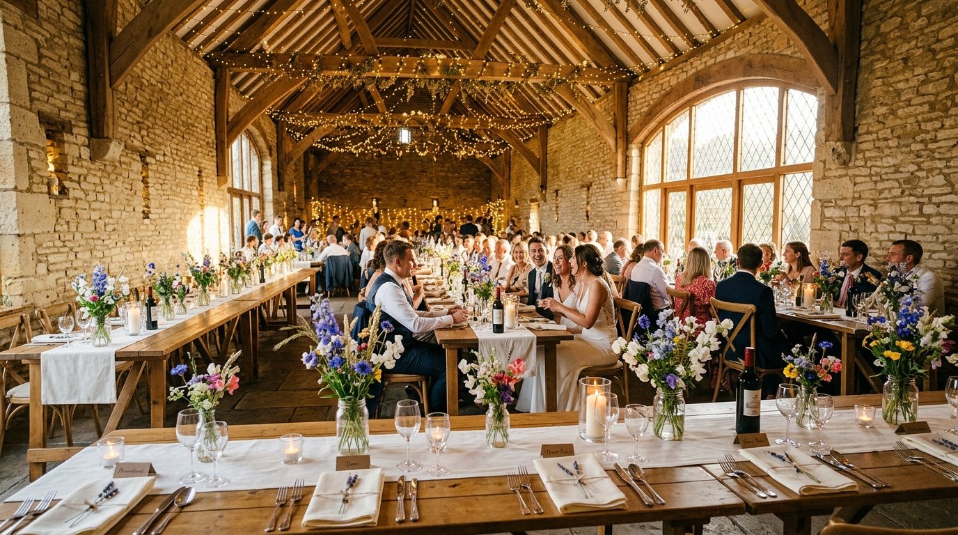 Interior of a converted stone barn set for a wedding reception with trestle tables, wildflowers, and fairy lights across exposed beams