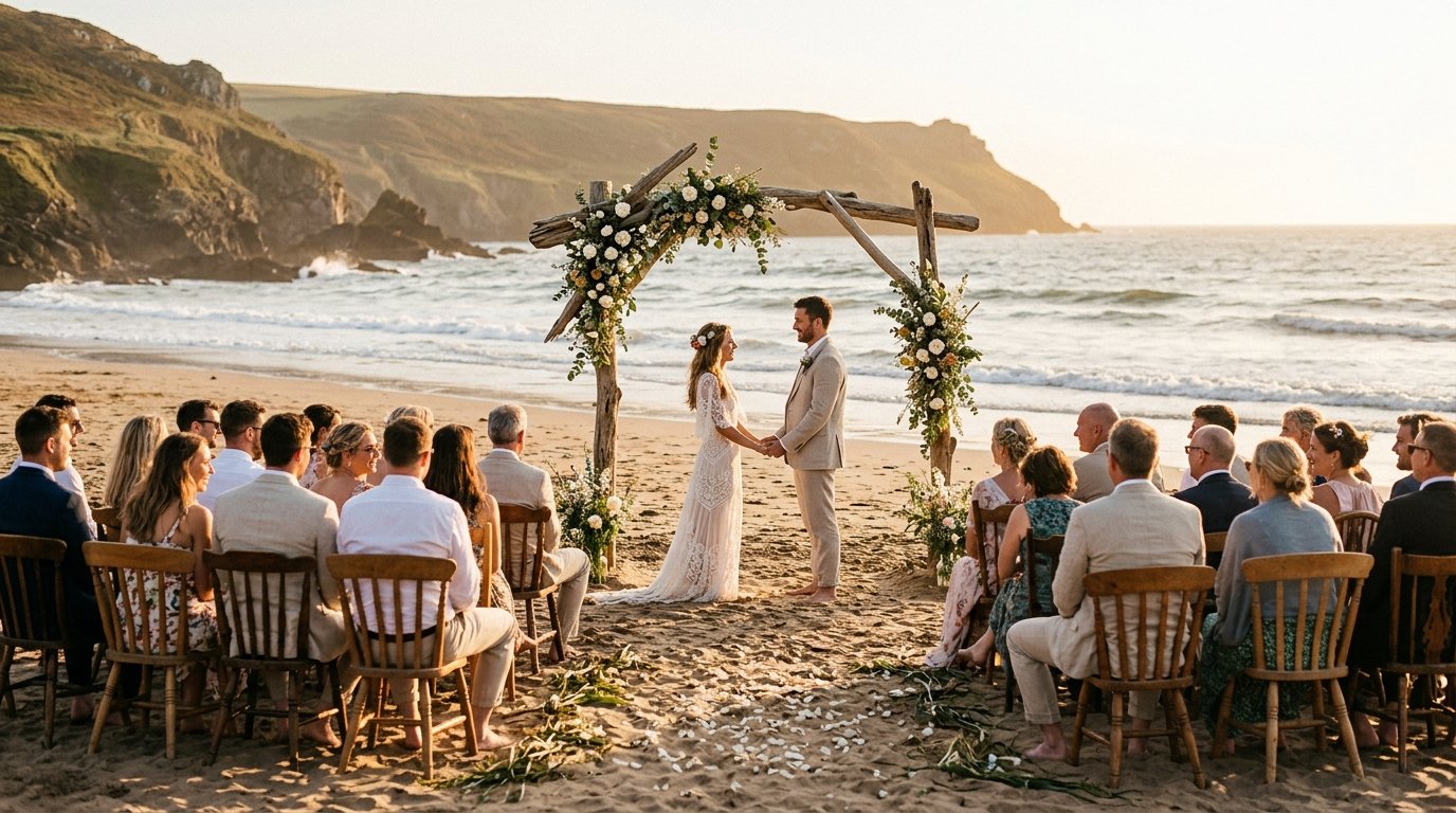 Beach wedding ceremony on a sandy Devon shore with a driftwood arch decorated with white flowers, mismatched vintage chairs, golden hour sunlight