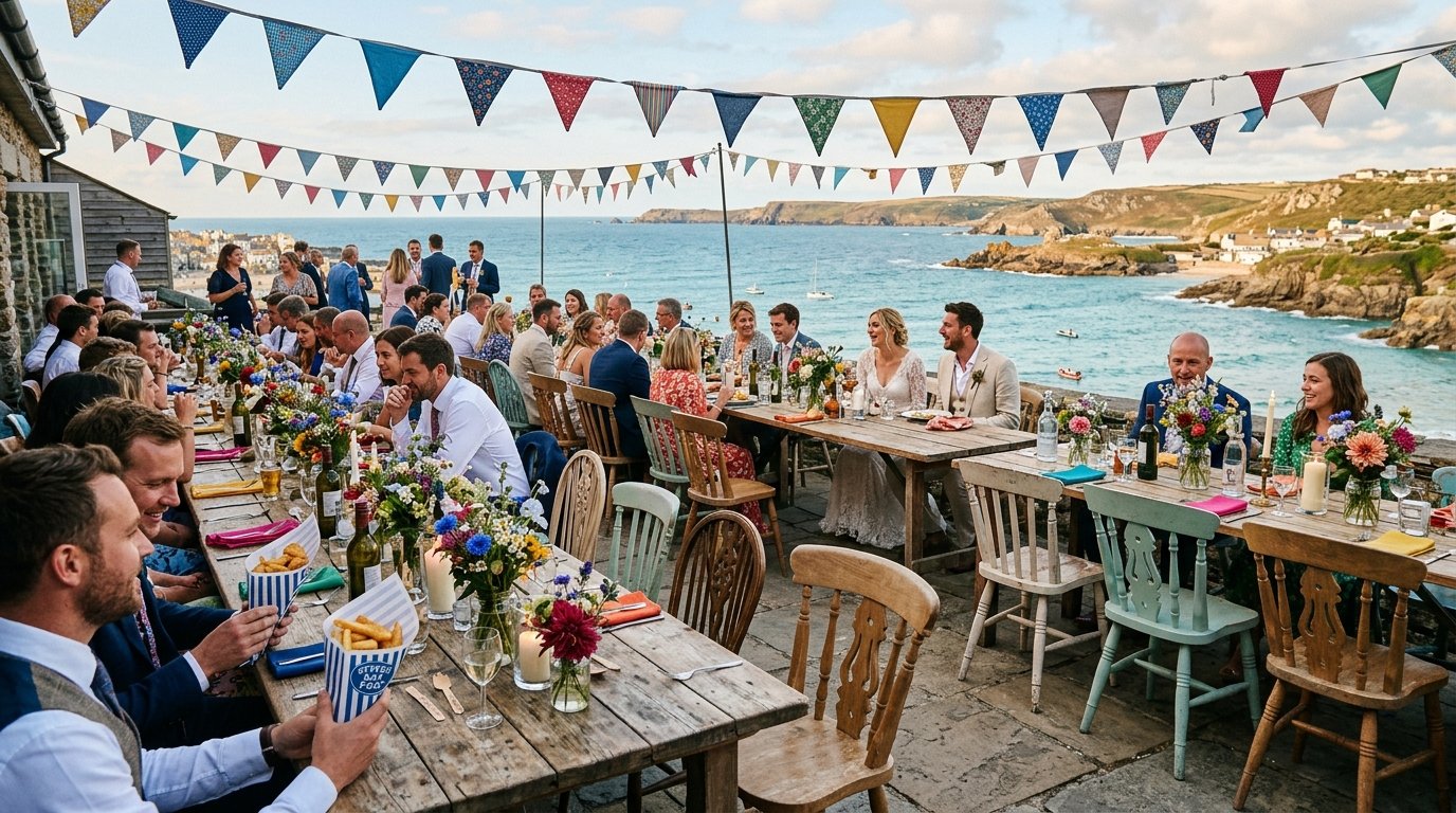 Relaxed seaside wedding reception with colourful bunting, long wooden tables on a terrace overlooking the sea, jam jar flowers
