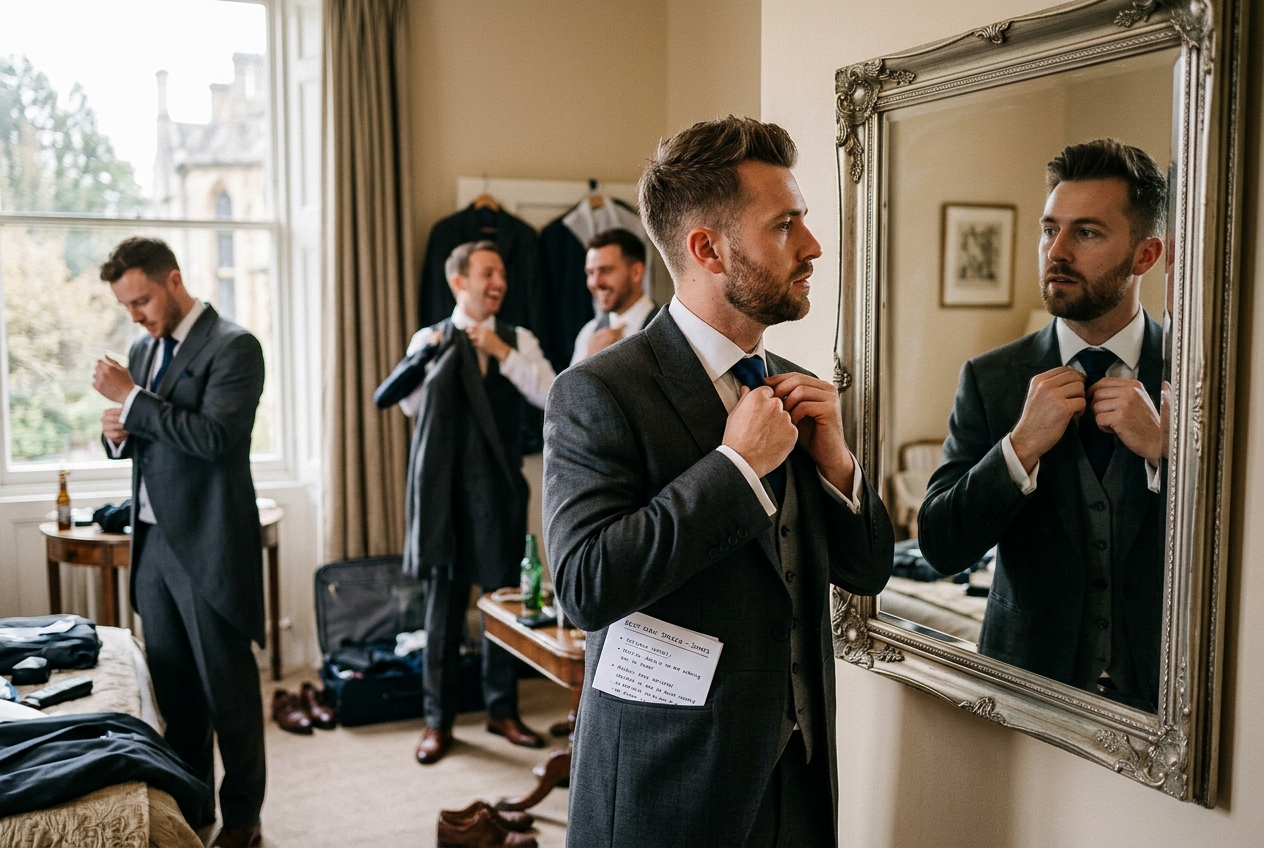 Best man adjusting his tie in a mirror, speech notes visible in jacket pocket