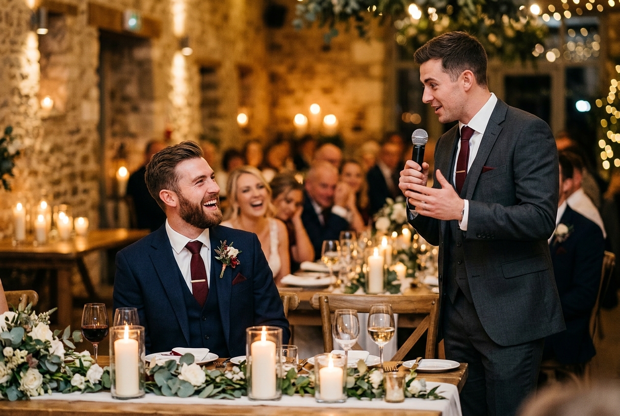 Best man and groom at the top table, best man standing with microphone, groom laughing