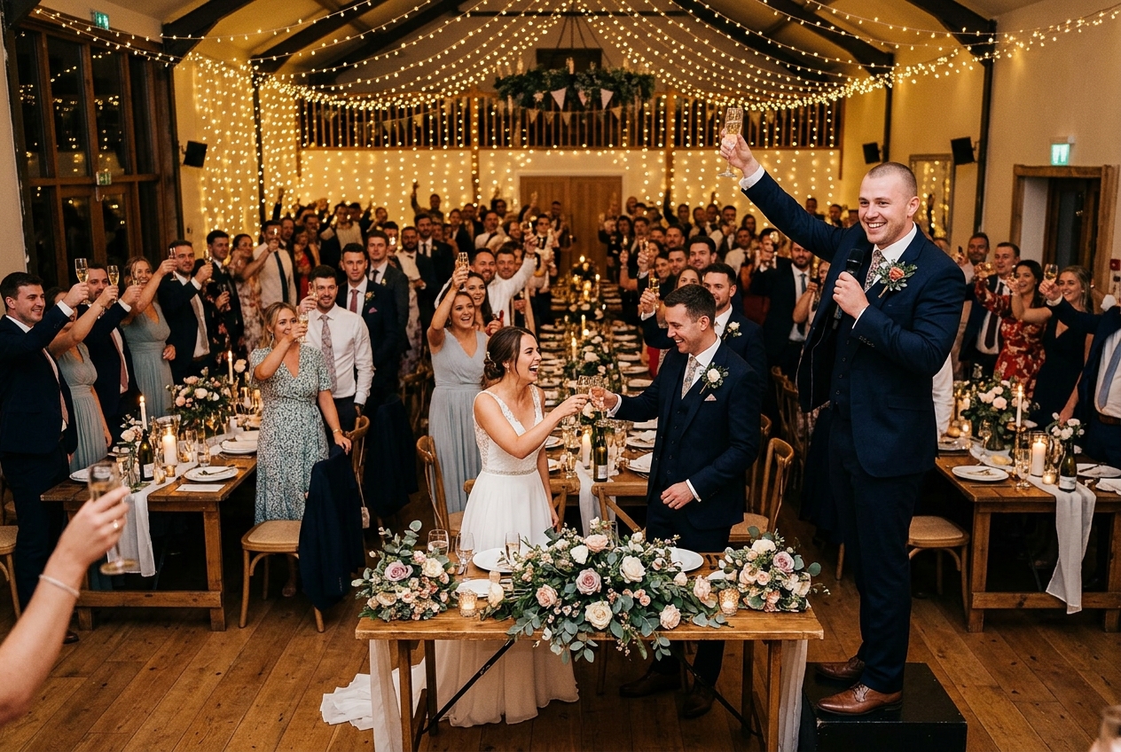 Best man raising his glass for the final toast, all guests standing with glasses raised