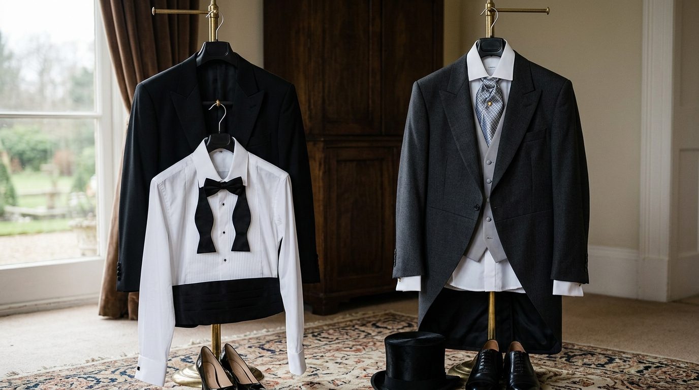 Morning coat vs black tie: a common confusion for Black Tie Wedding Guest Outfits UK 2026: Men & Women