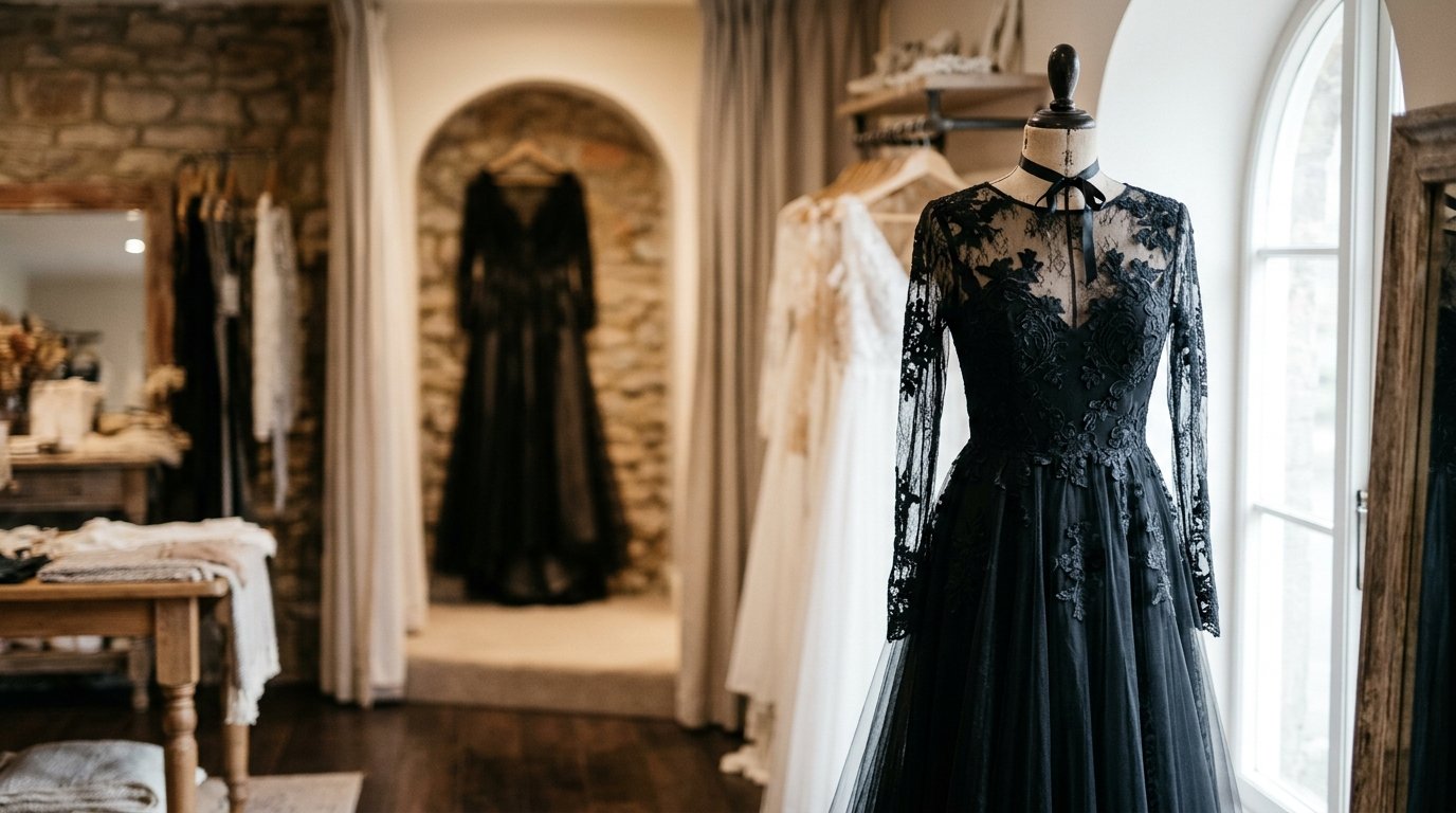 Black Wedding Dresses: The Gothic Bridal Trend — UK designers stocking black bridal gowns, editorial photography for Weddings Hub