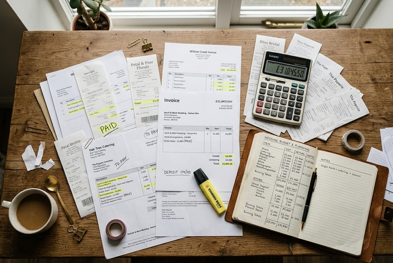 Wedding receipts and invoices spread on a table, calculator, notebook with running costs